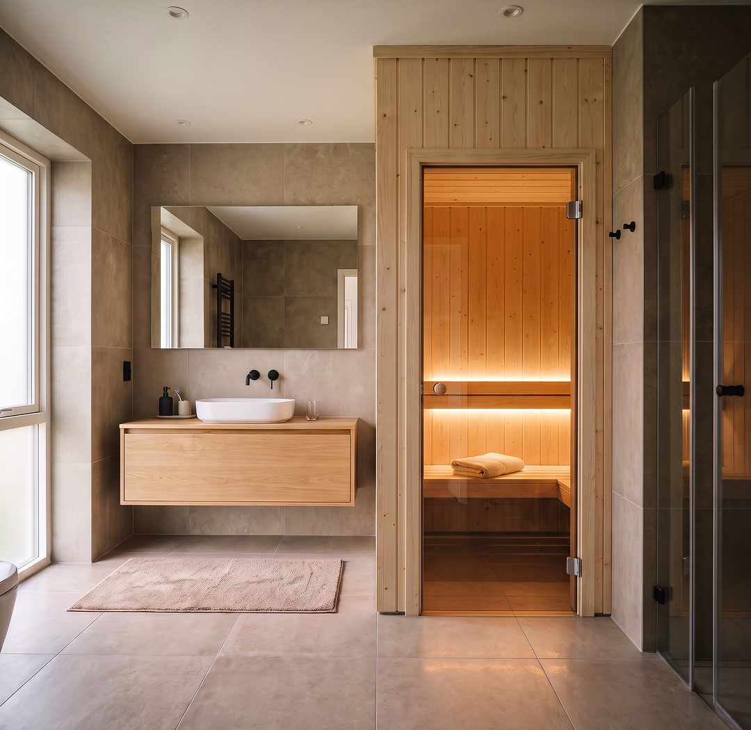Dasselbe Badezimmer mit eingebauter Sauna